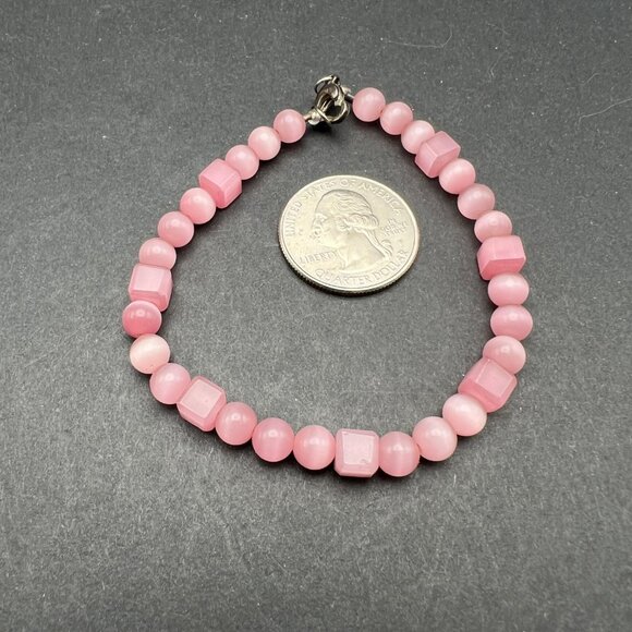 Pink Beaded Bracelet Cat Eye Beads Square And Round Beads Heart Clasp Handmade - Picture 3 of 5
